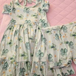 Green Clover Print Dress and Pants Set